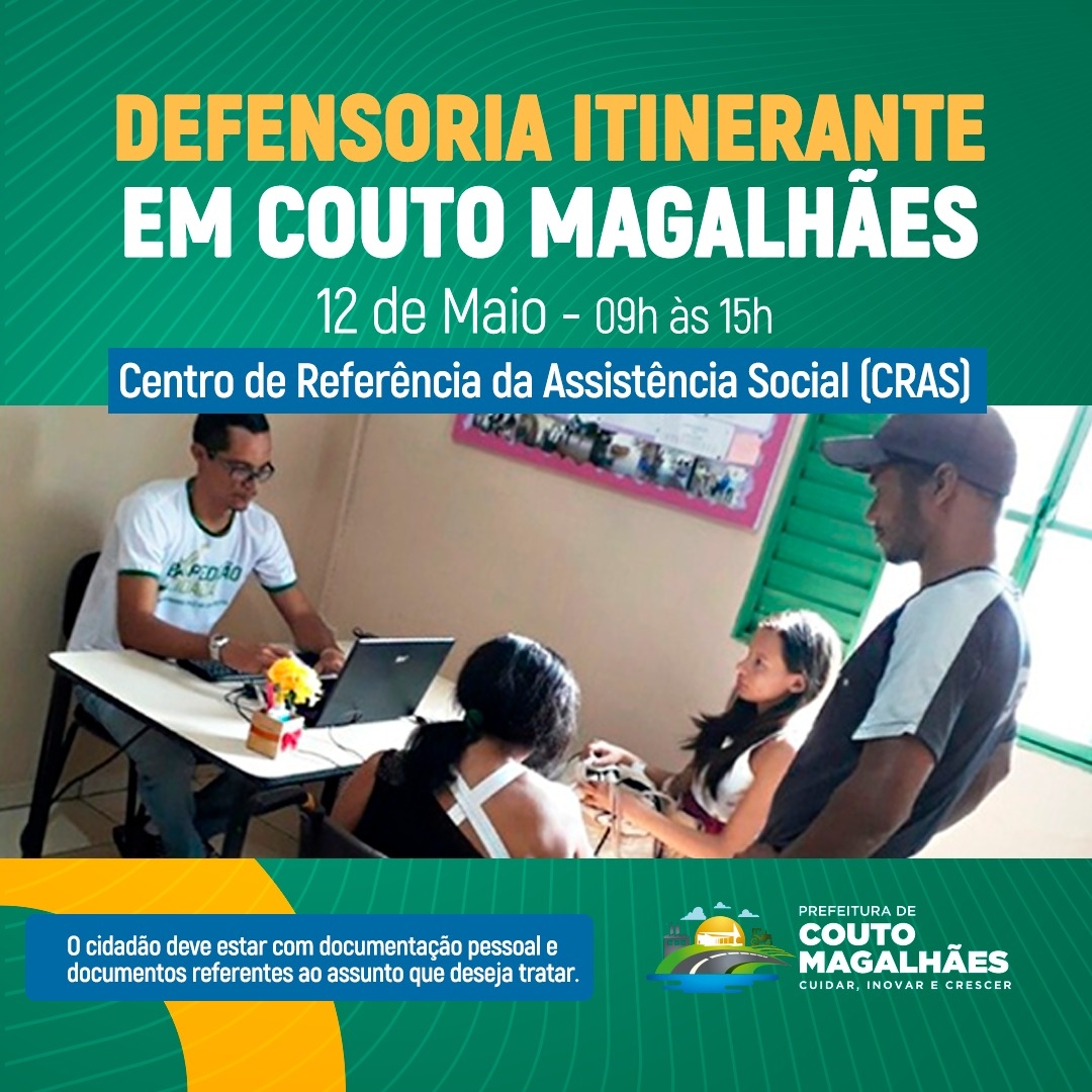 Defensoria Pública Itinerante estará em Couto Magalhães para atendimentos no dia 12 de maio
