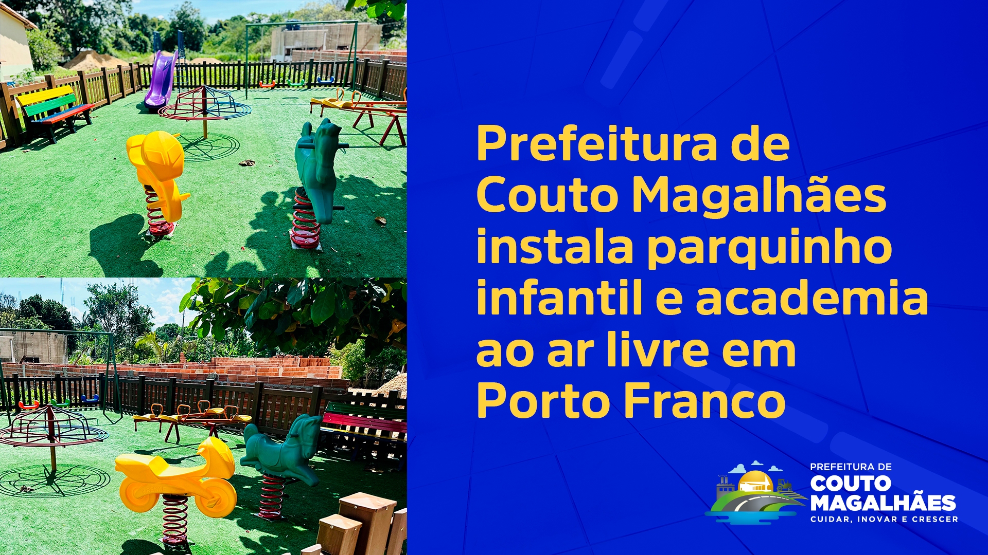 Prefeitura de Couto Magalhães instala parquinho infantil e academia ao ar livre em Porto Franco
