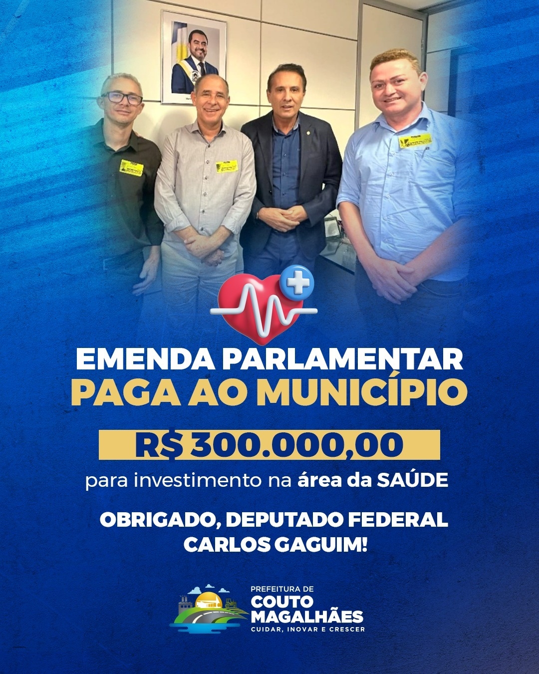 Couto Magalhães recebe emenda de 300 mil do deputado Gaguim