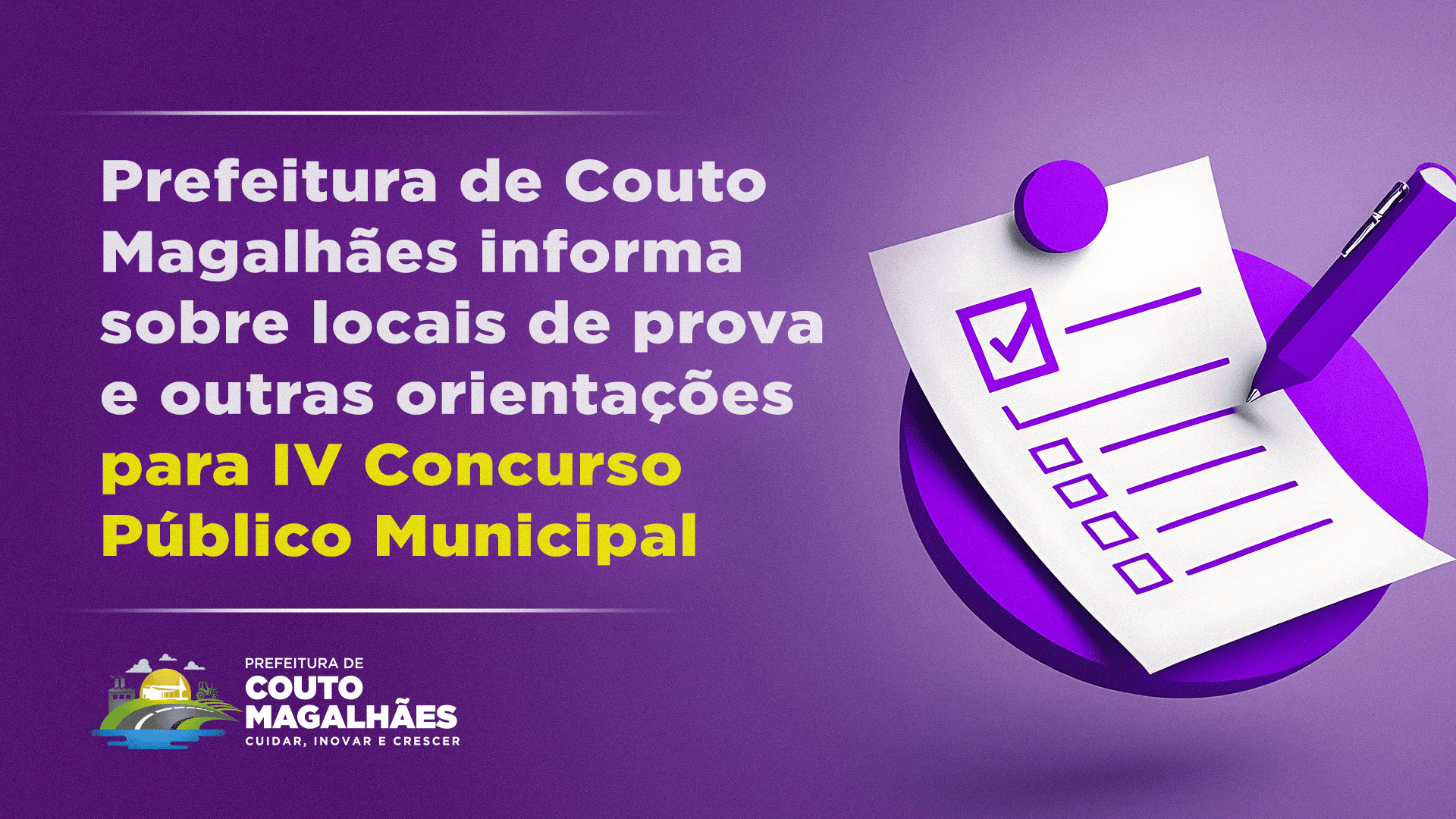Prefeitura de Couto Magalhães informa sobre locais de prova e outras orientações para IV Concurso Público Municipal